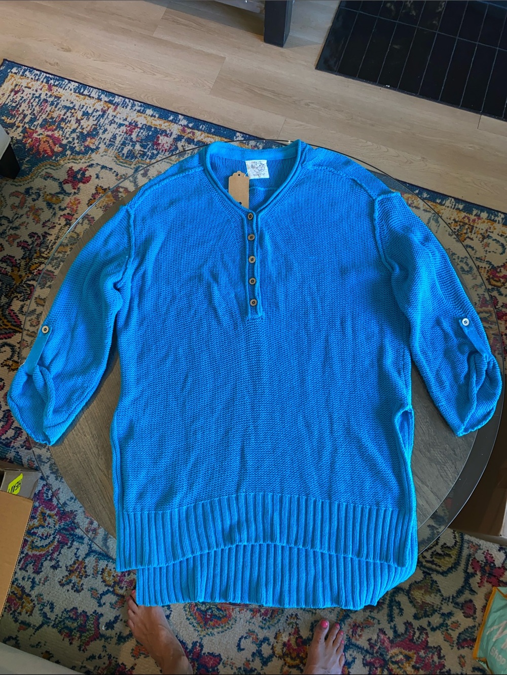 We The Free Oversized Bright Blue V-Neck Button Pullover Sweater - like new!